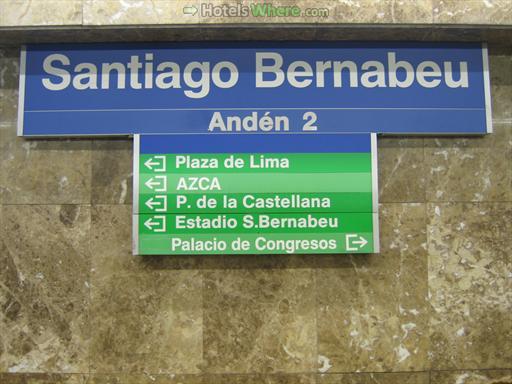 Santiago Bernabeu metro station sign at the platform
